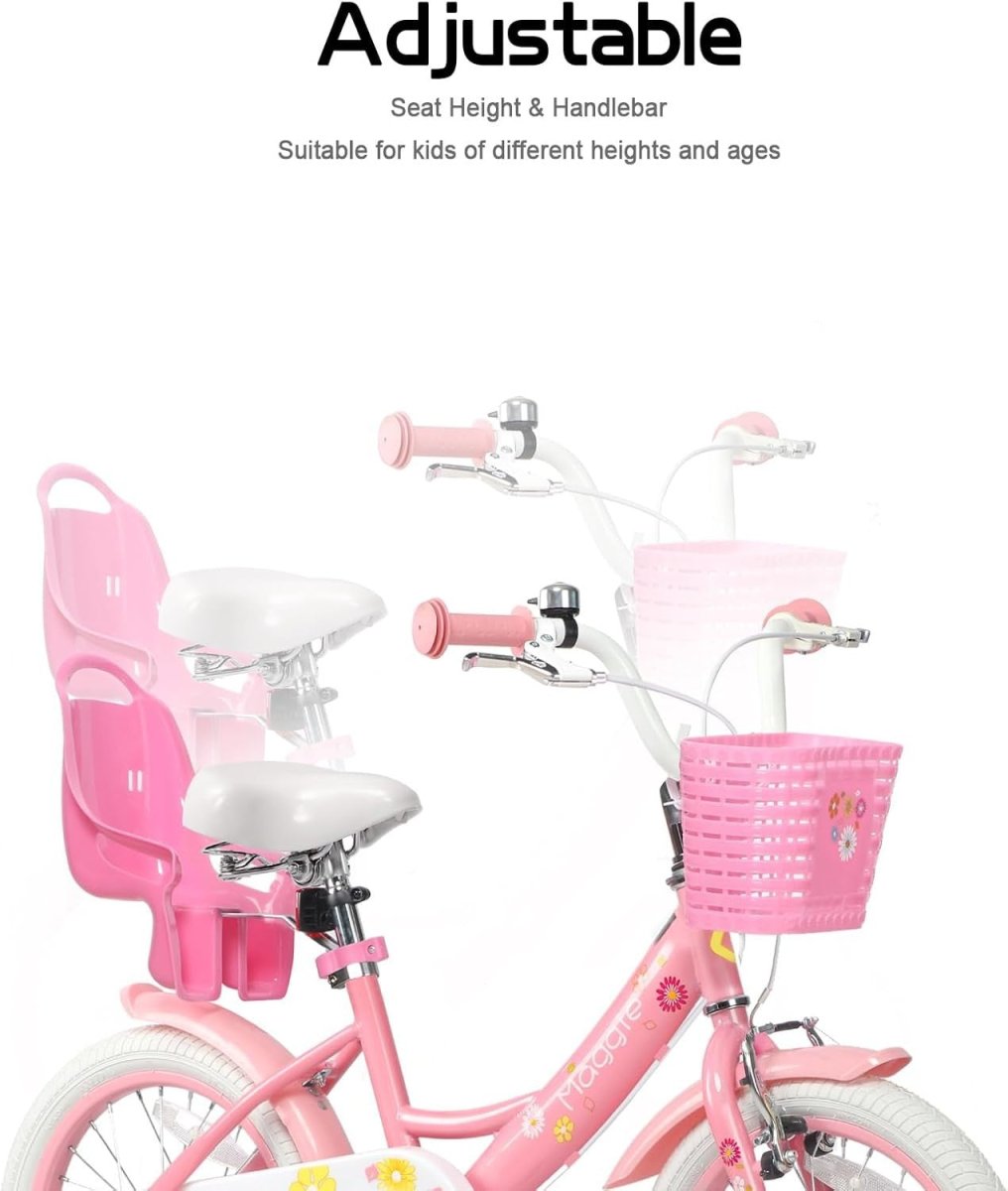 12 Inch Girls Bike Kids Bicycle Basket Doll Seat Stabilisers Pink White - Kwikley
