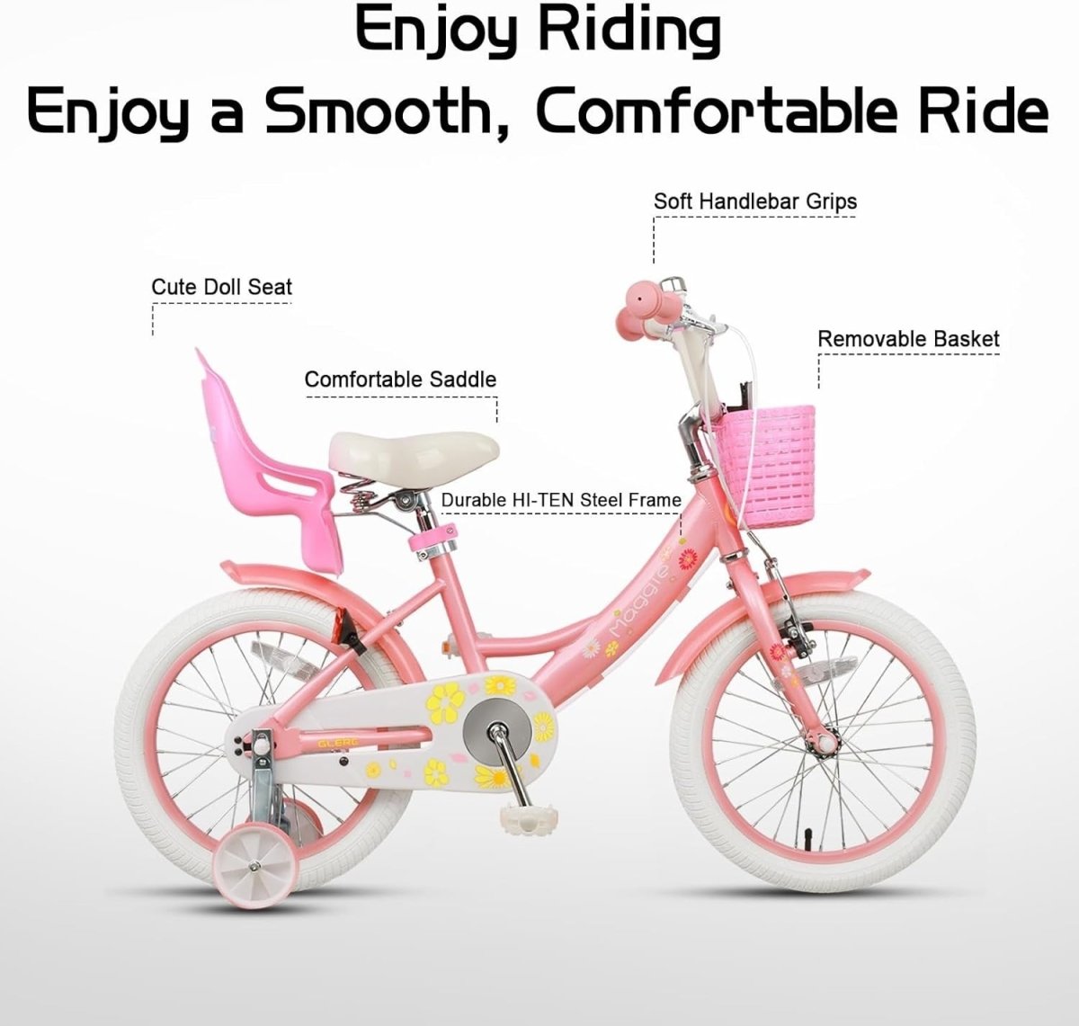 12 Inch Girls Bike Kids Bicycle Basket Doll Seat Stabilisers Pink White - Kwikley
