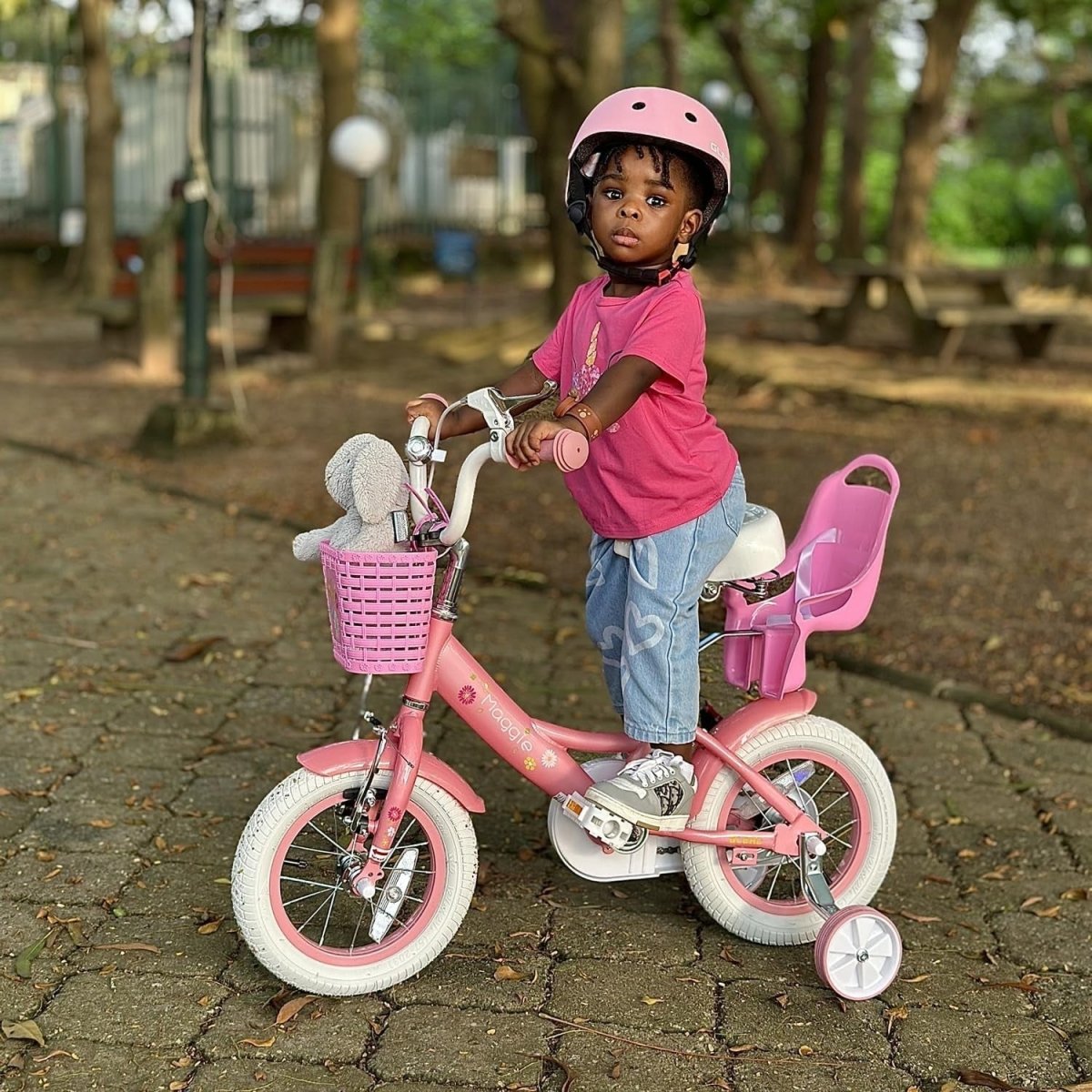 12 Inch Girls Bike Kids Bicycle Basket Doll Seat Stabilisers Pink White - Kwikley
