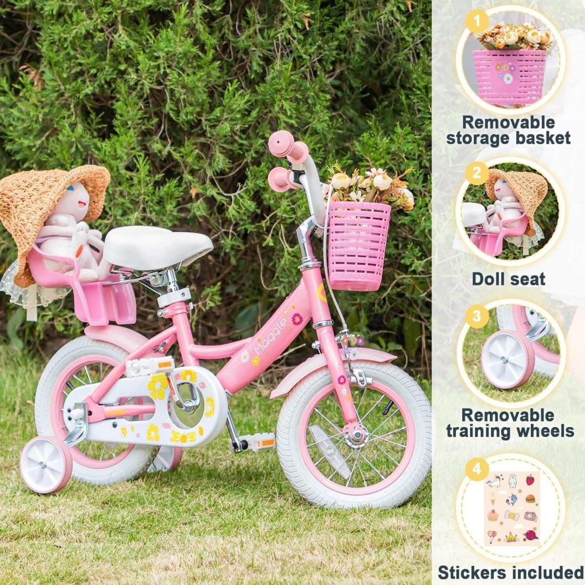 12 Inch Girls Bike Kids Bicycle Basket Doll Seat Stabilisers Pink White - Kwikley