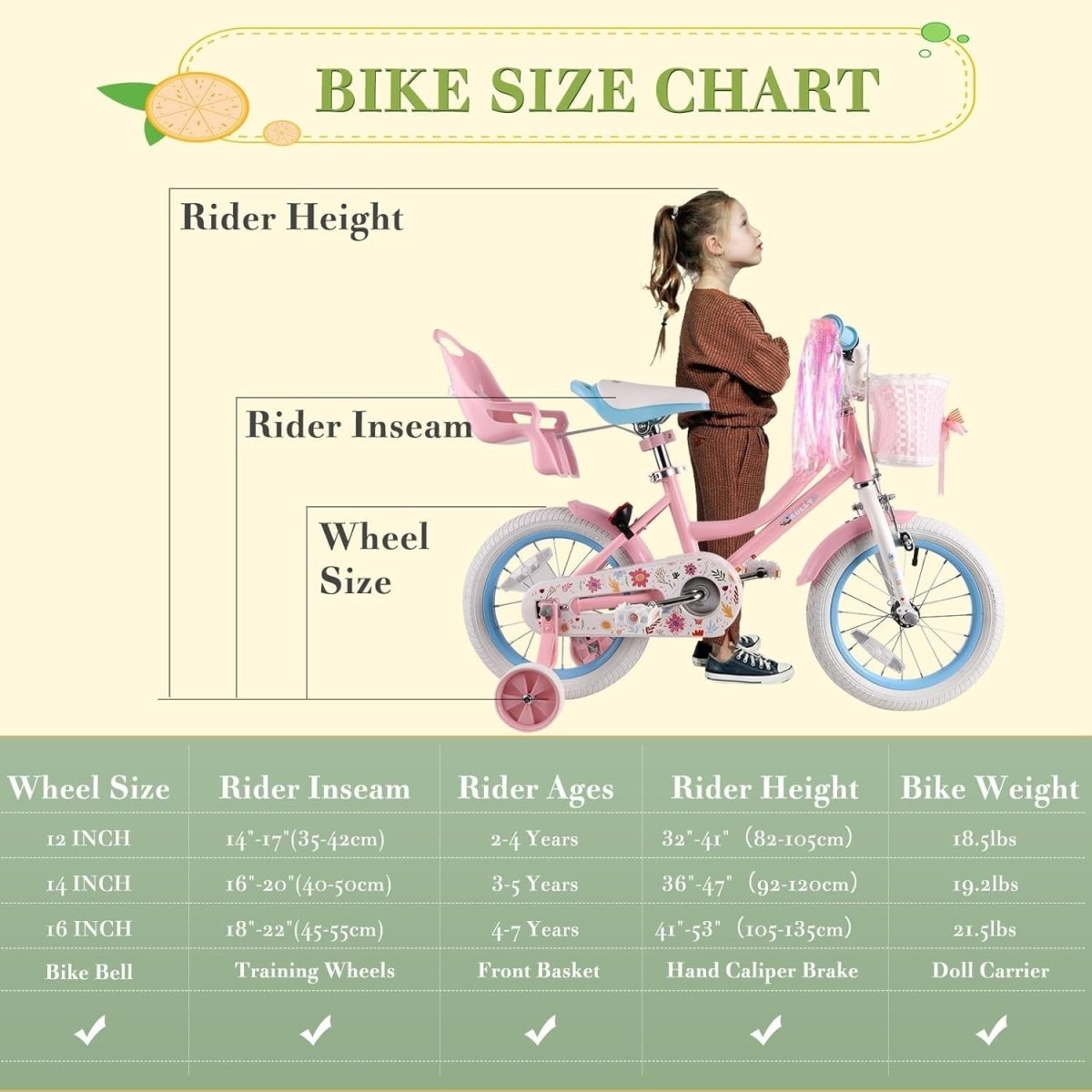 12 Inch Girls Bike Princess Bicycle Basket Doll Seat Training Wheels Pink - Kwikley