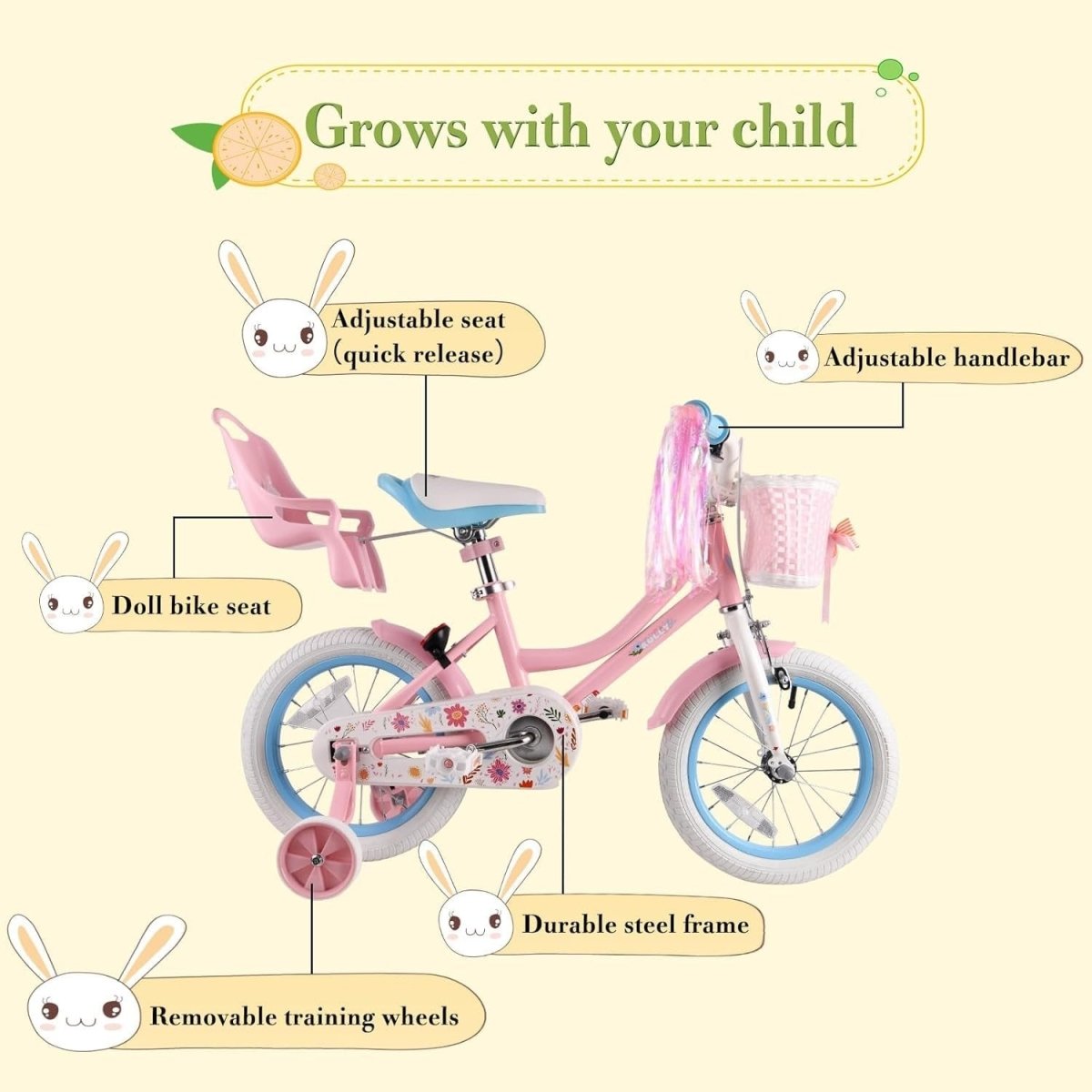12 Inch Girls Bike Princess Bicycle Basket Doll Seat Training Wheels Pink - Kwikley