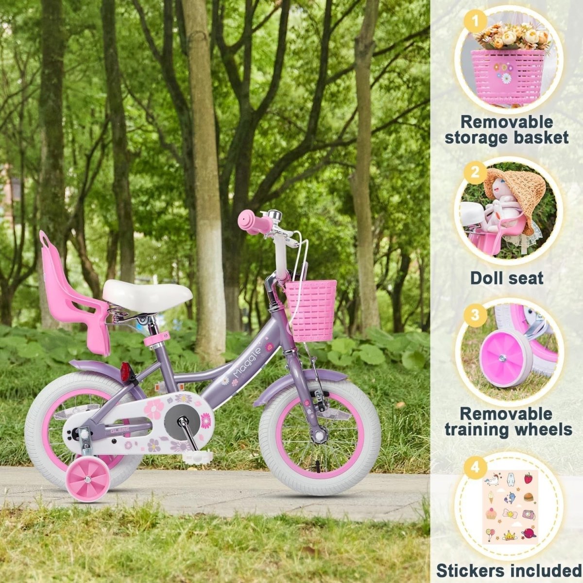 12 Inch Girls Bike Purple Kids Bicycle Basket Doll Seat Training Wheels - Kwikley