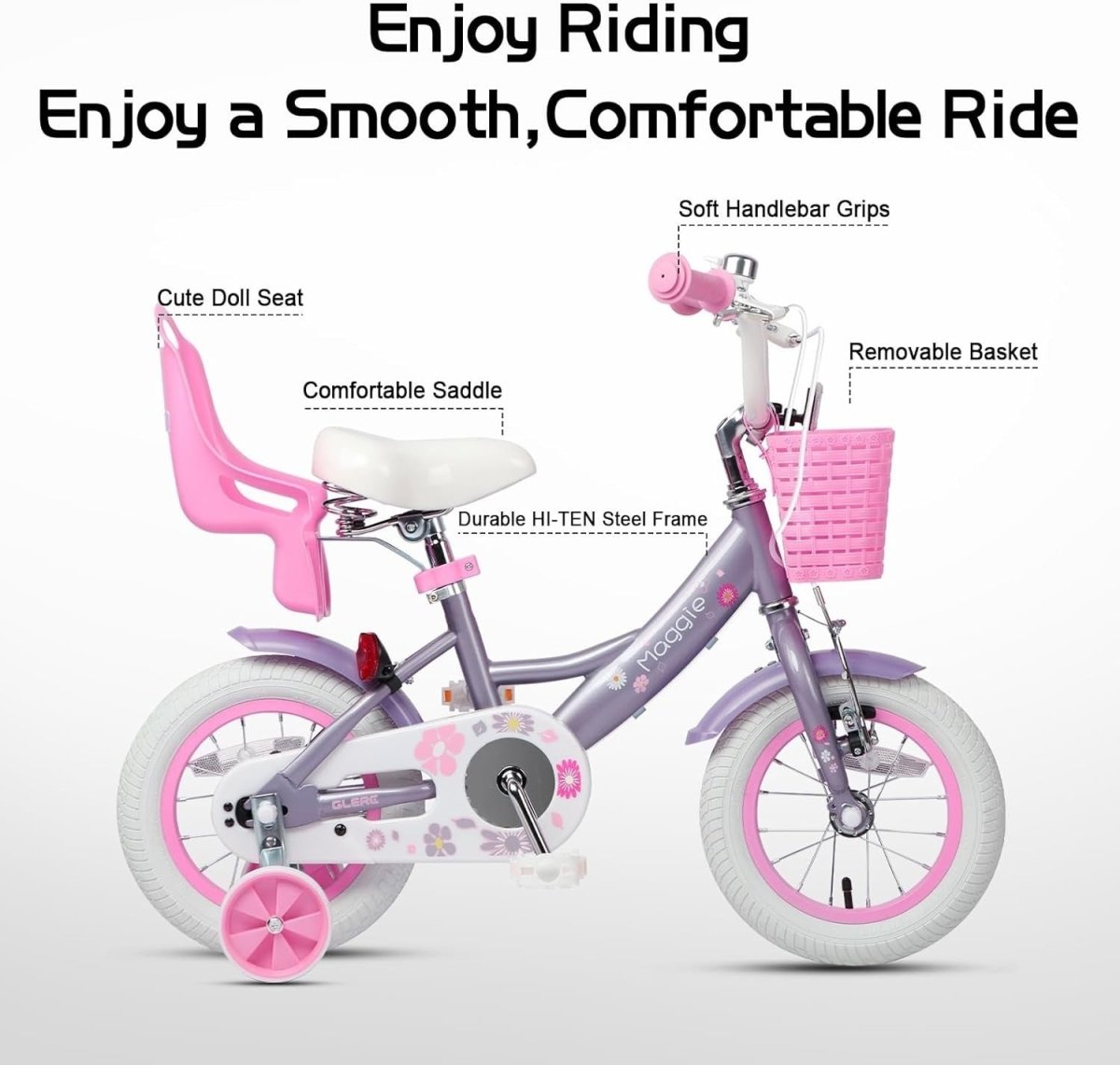 12 Inch Girls Bike Purple Kids Bicycle Basket Doll Seat Training Wheels - Kwikley