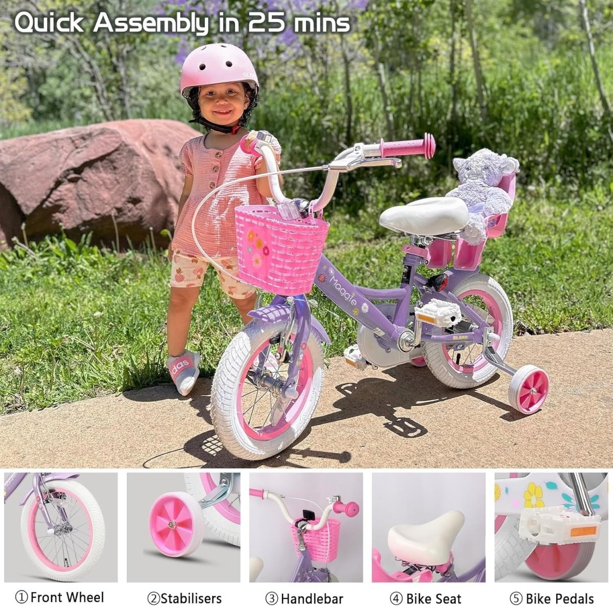 12 Inch Girls Bike Purple Kids Bicycle Basket Doll Seat Training Wheels - Kwikley