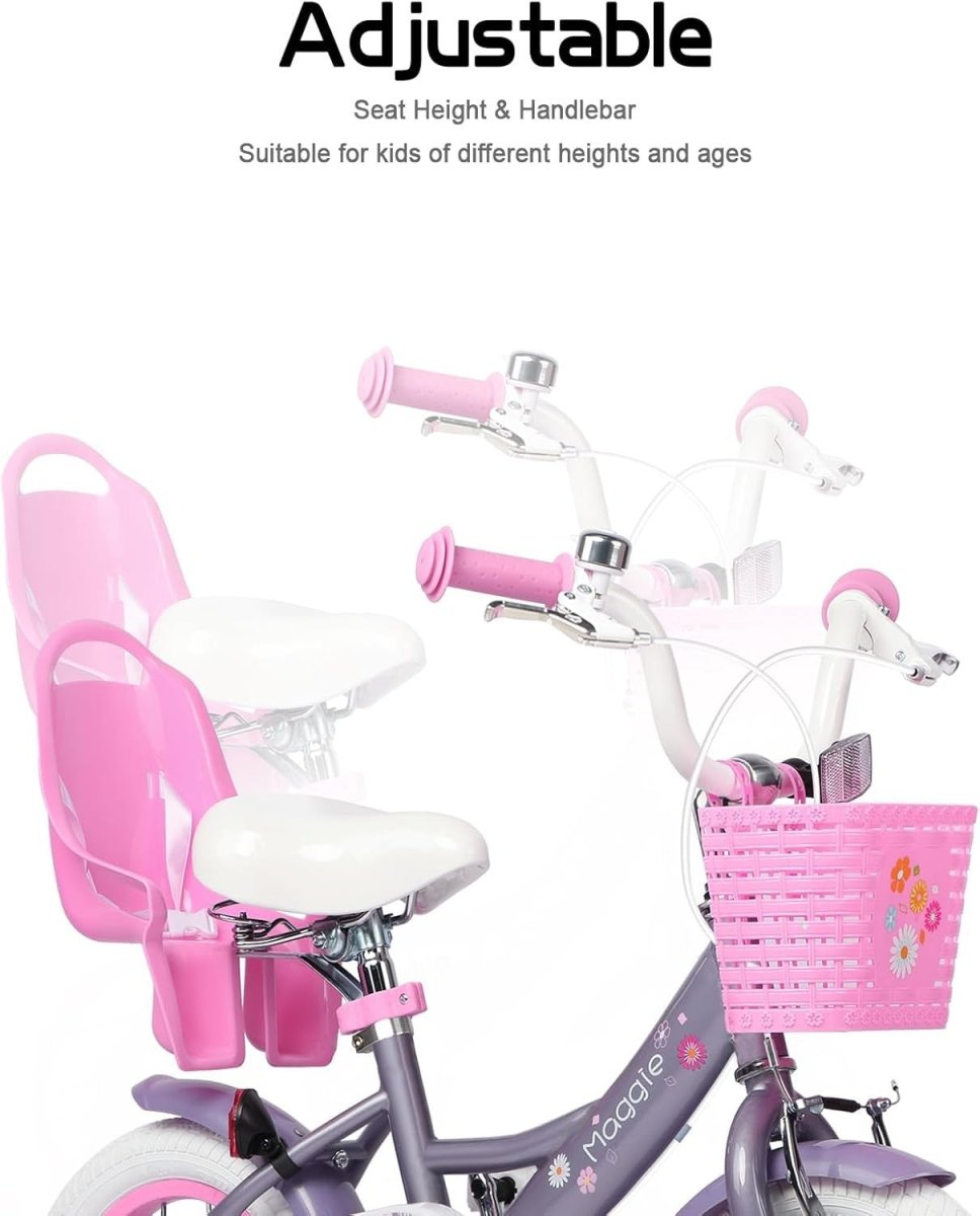 12 Inch Girls Bike Purple Kids Bicycle Basket Doll Seat Training Wheels - Kwikley