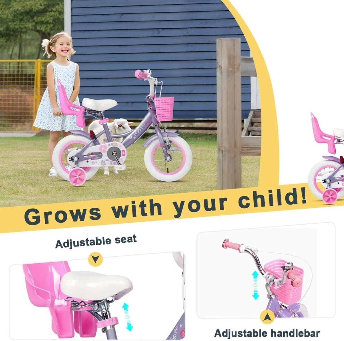 12 Inch Girls Bike Purple Kids Bicycle Basket Doll Seat Training Wheels - Kwikley