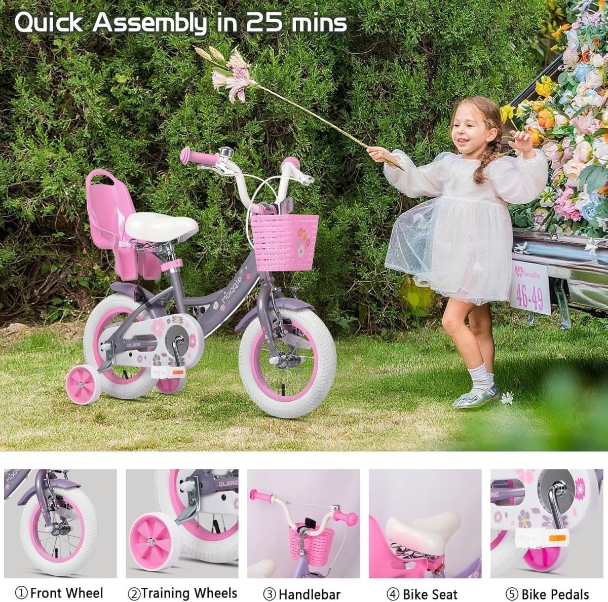 12 Inch Girls Bike Purple Kids Bicycle Basket Doll Seat Training Wheels - Kwikley