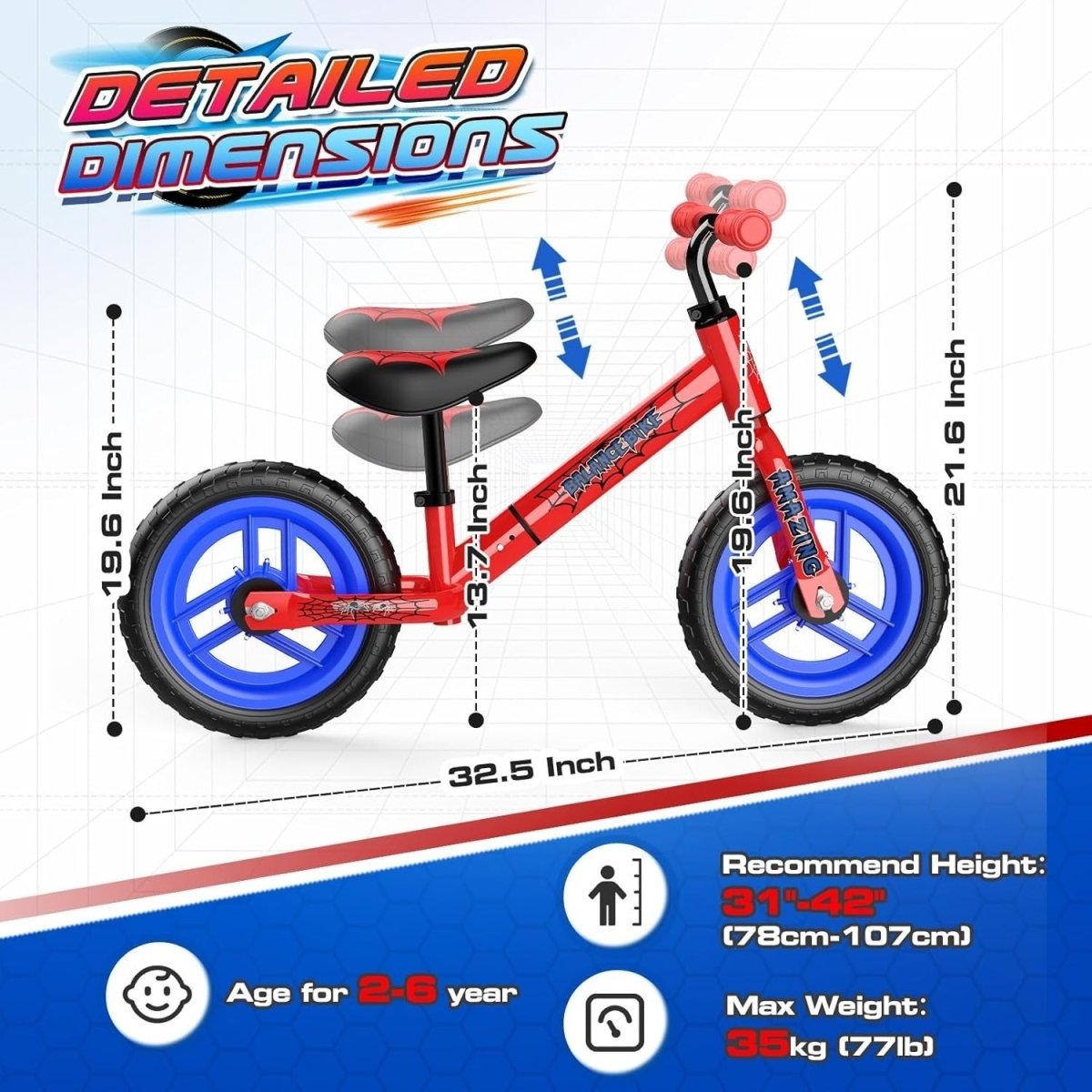 12 Inch Kids Balance Bike Adjustable Seat Lightweight Training Bike Red - Kwikley