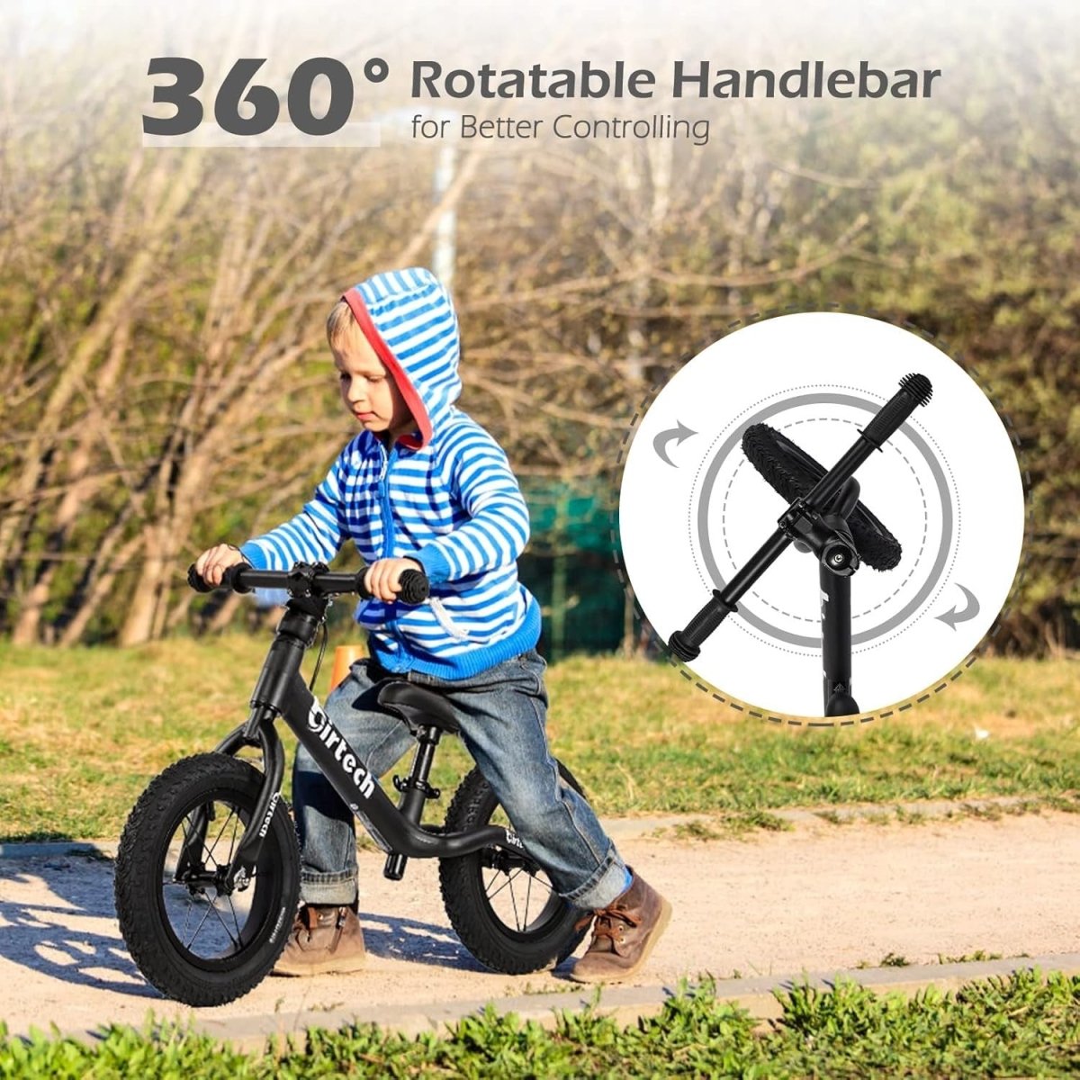 12" Kids Balance Bike Air Tires Adjustable Seat Training Bike Black - Kwikley