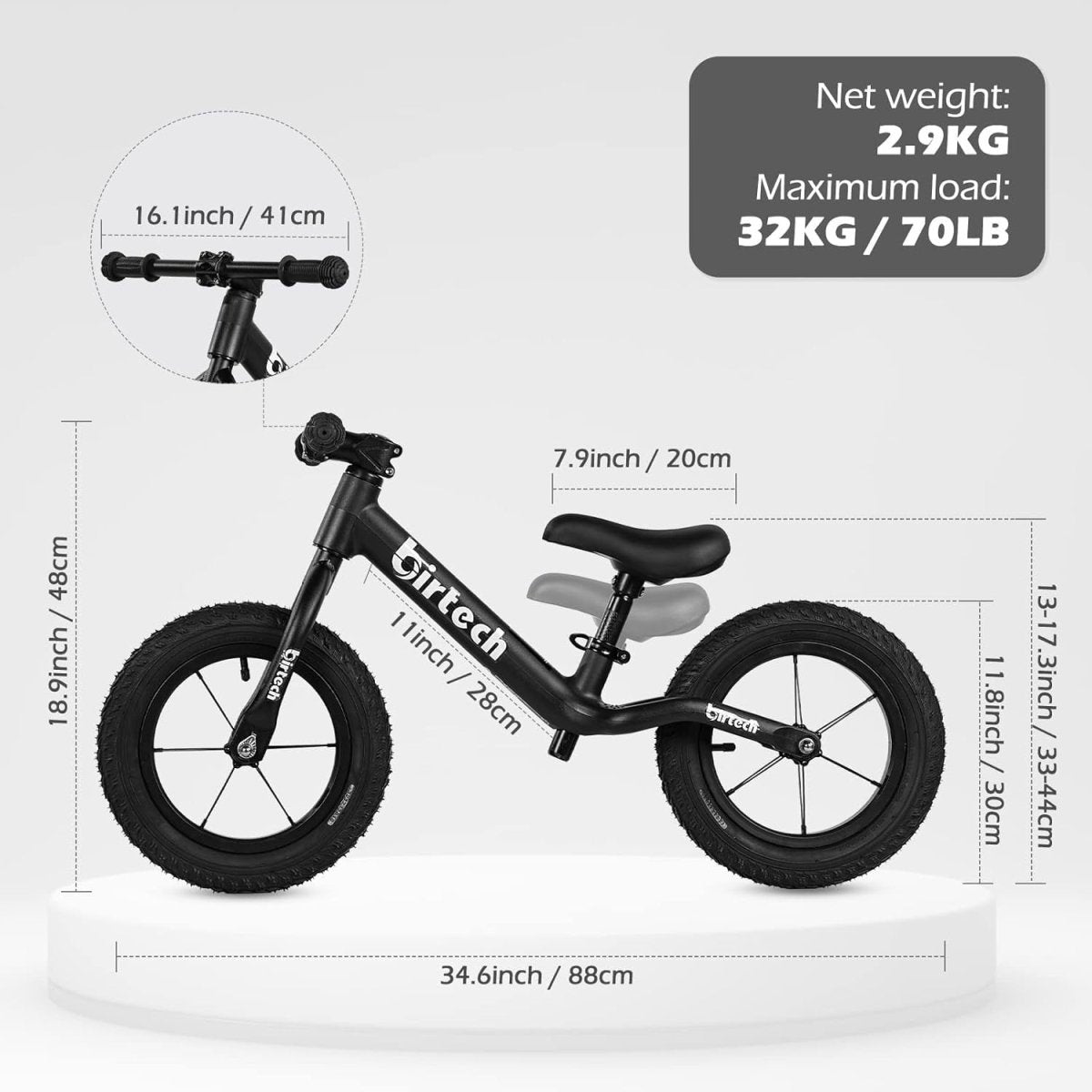 12" Kids Balance Bike Air Tires Adjustable Seat Training Bike Black - Kwikley