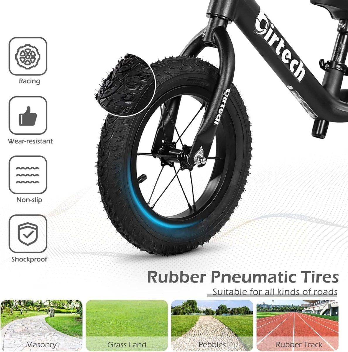 12" Kids Balance Bike Air Tires Adjustable Seat Training Bike Black - Kwikley
