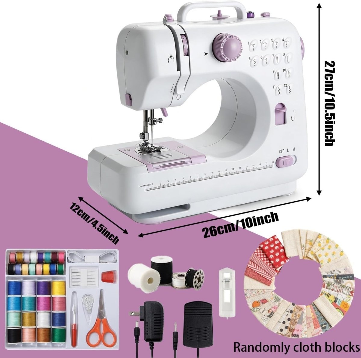 12 Stitch Sewing Machine Beginner Electric Sewing Kit 50 Fabric Pieces - Kwikley