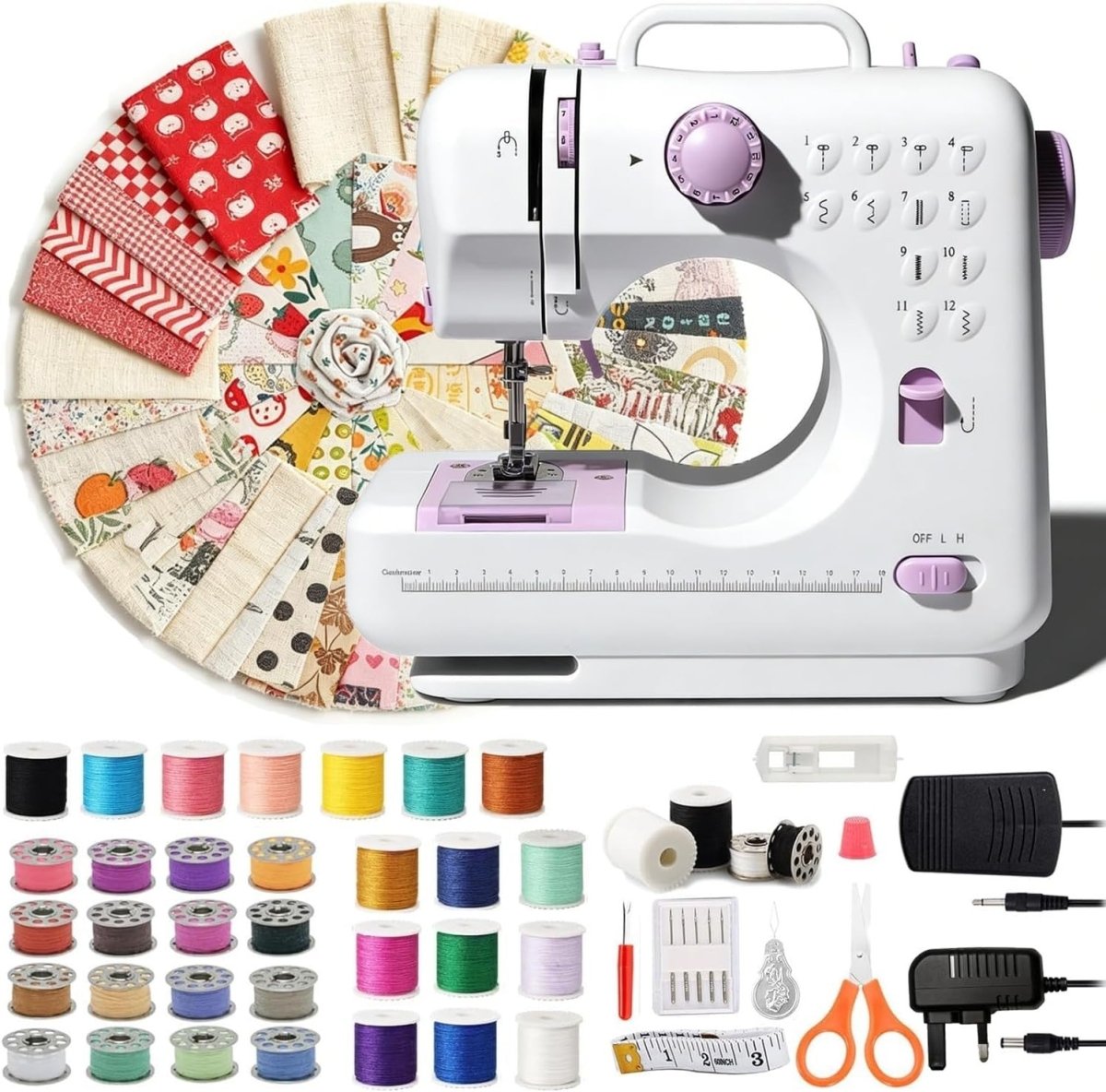 12 Stitch Sewing Machine Beginner Electric Sewing Kit 50 Fabric Pieces - Kwikley