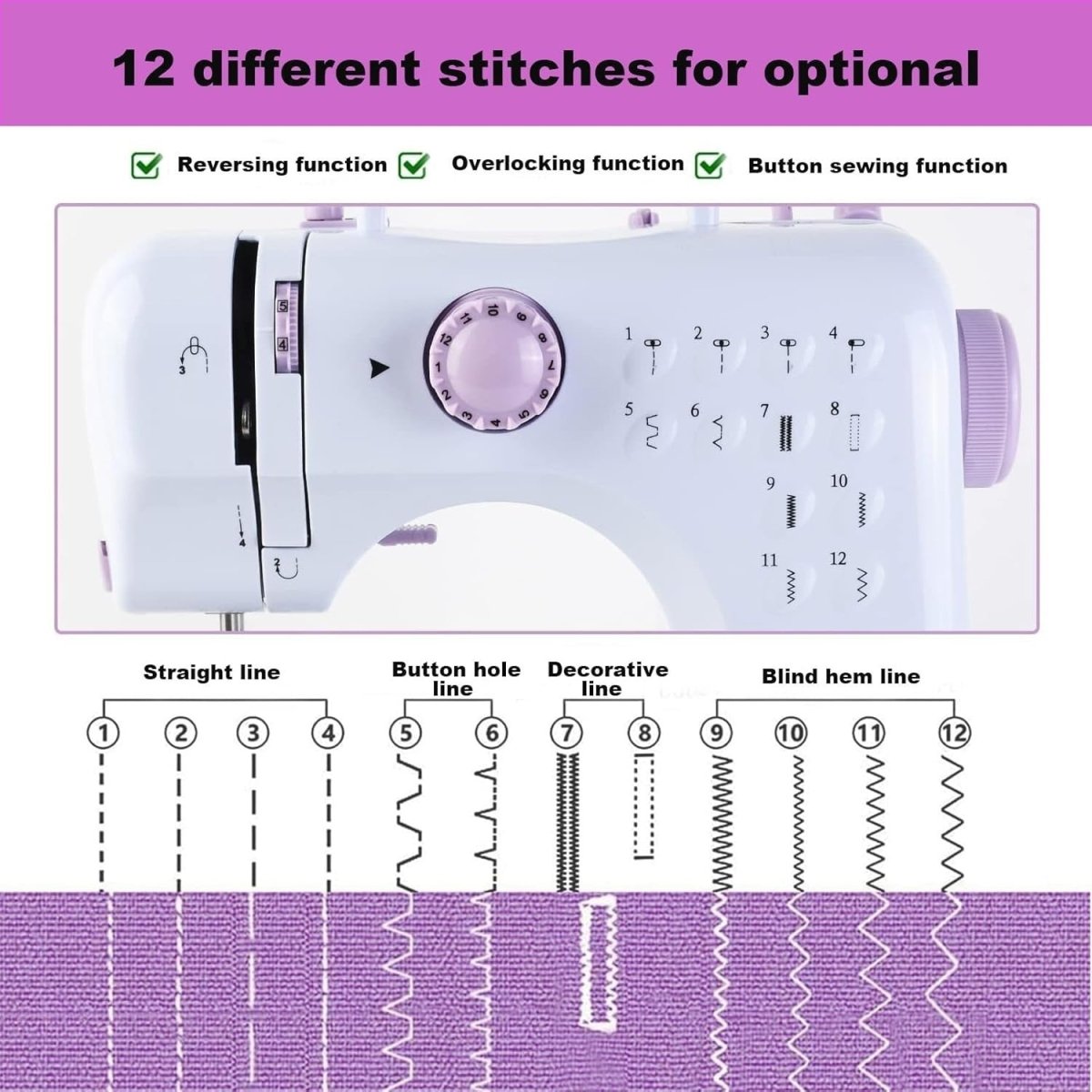 12 Stitch Sewing Machine Beginner Portable Electric Double Thread Purple - Kwikley