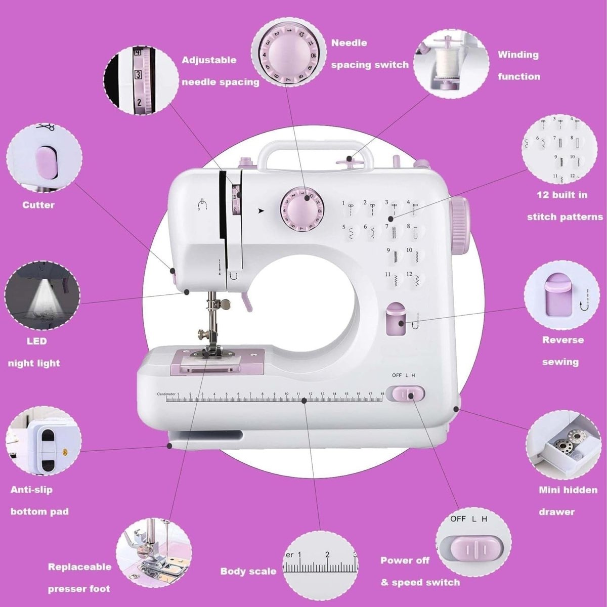 12 Stitch Sewing Machine Beginner Portable Electric Double Thread Purple - Kwikley
