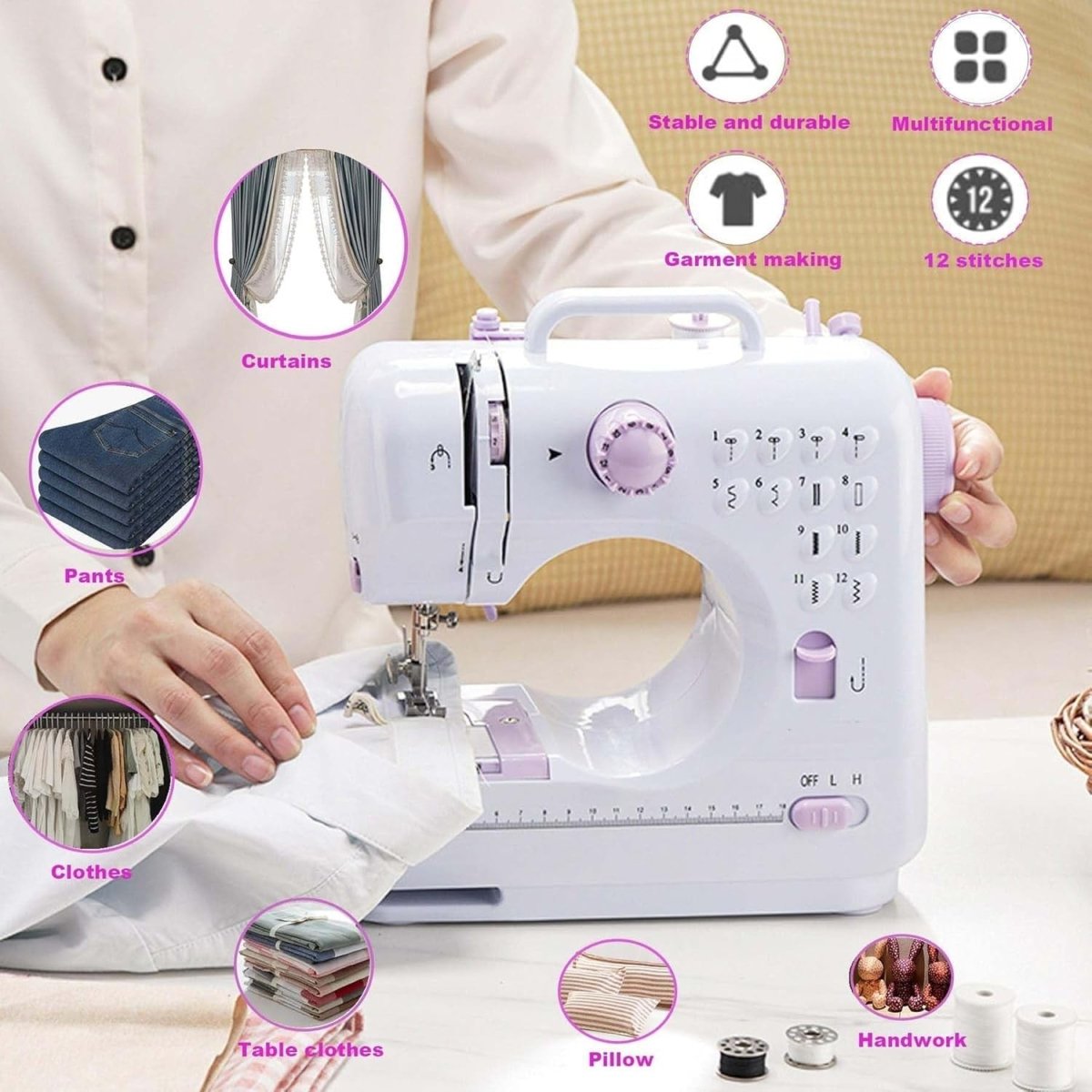 12 Stitch Sewing Machine Beginner Portable Electric Double Thread Purple - Kwikley
