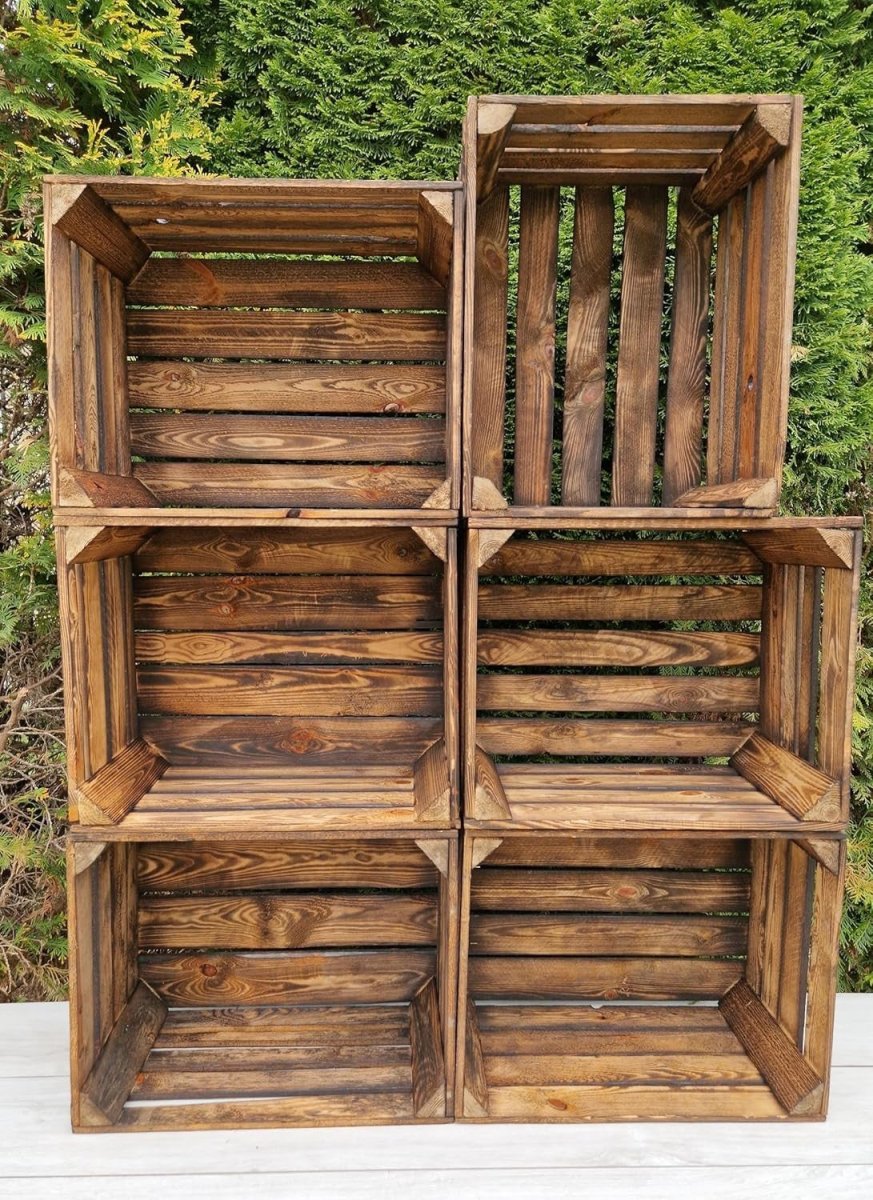 12 x Burnt Effect Used Wooden Crates 50x40x30cm Vintage Storage Boxes - Kwikley