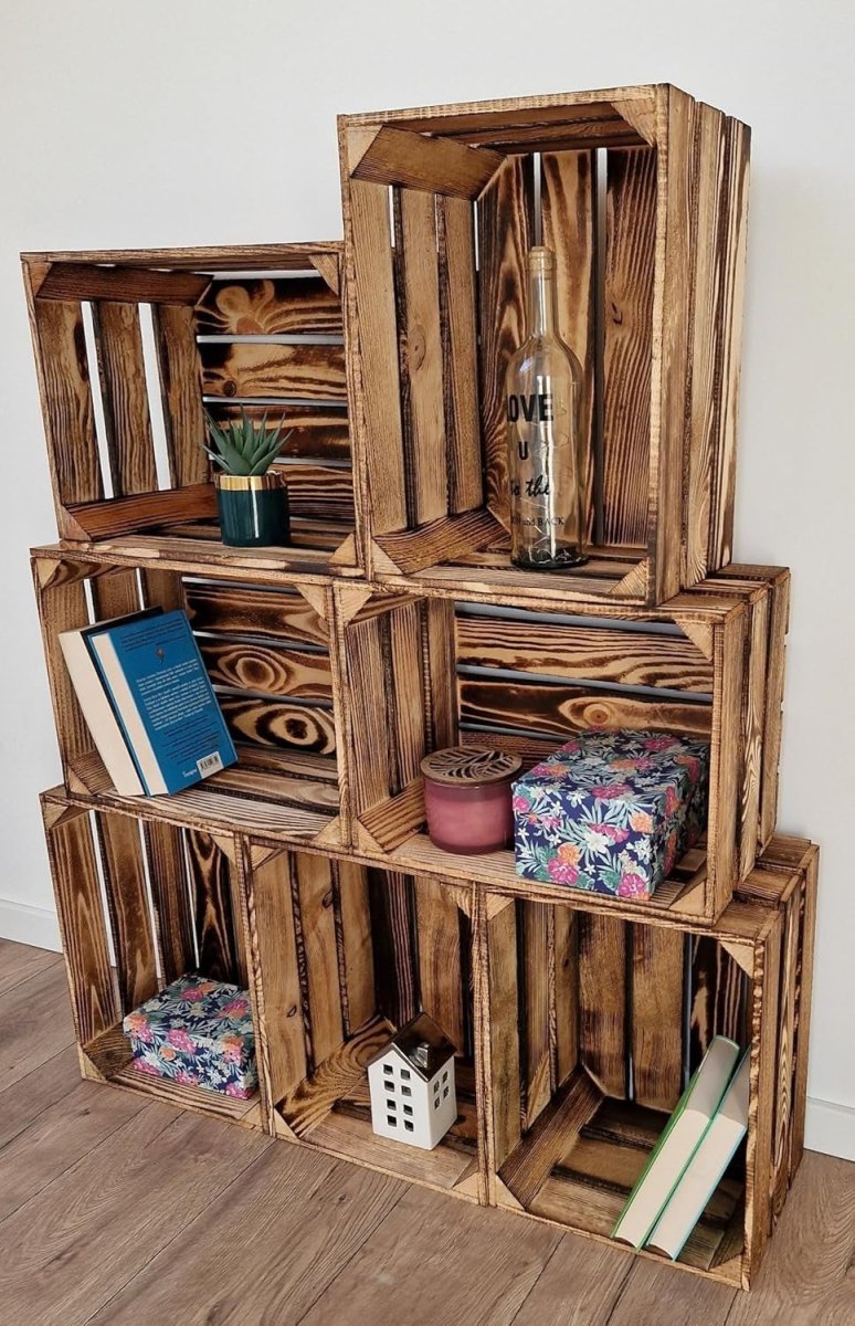12 x Burnt Effect Wooden Crates 29x23x39cm Rustic Decorative Storage Box - Kwikley