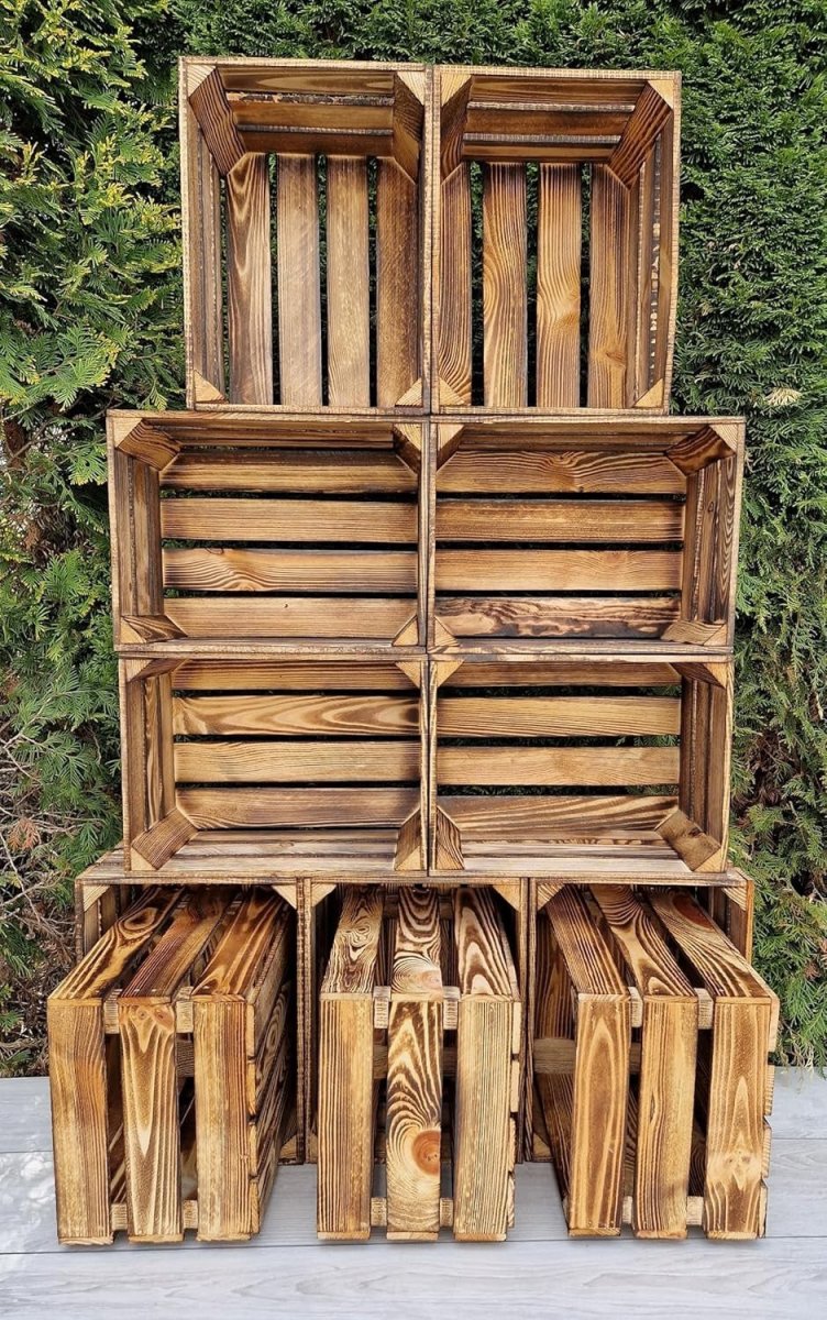12 x Burnt Effect Wooden Crates 29x23x39cm Rustic Decorative Storage Box - Kwikley