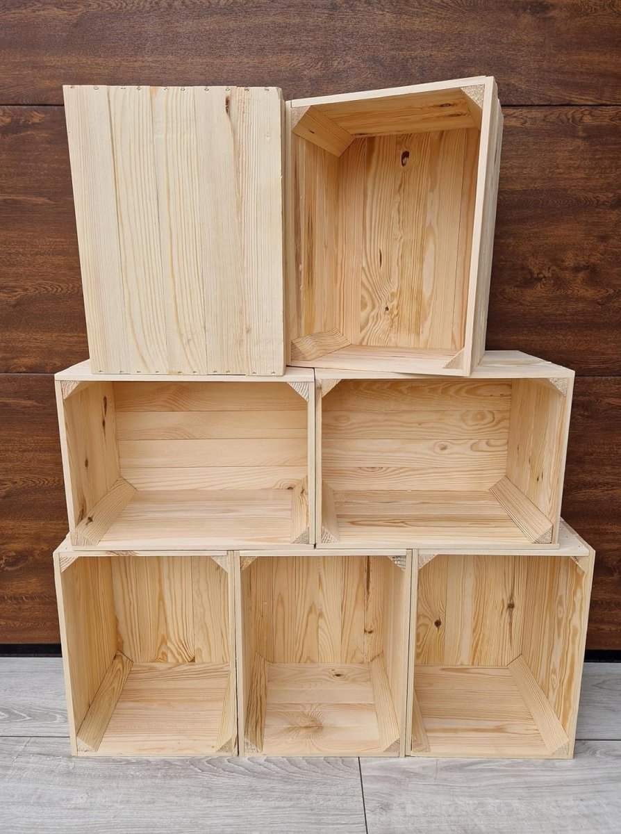 12 x Natural Wood Crates 29x24x39cm Rustic Handcrafted Storage Box Set - Kwikley