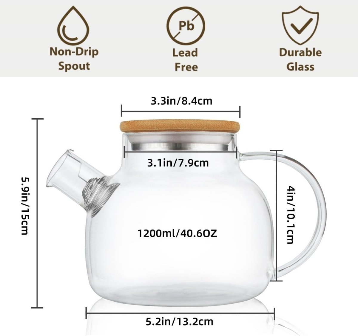 1200ml Glass Teapot with Infuser Stovetop Safe Loose Leaf Tea Pot - Kwikley