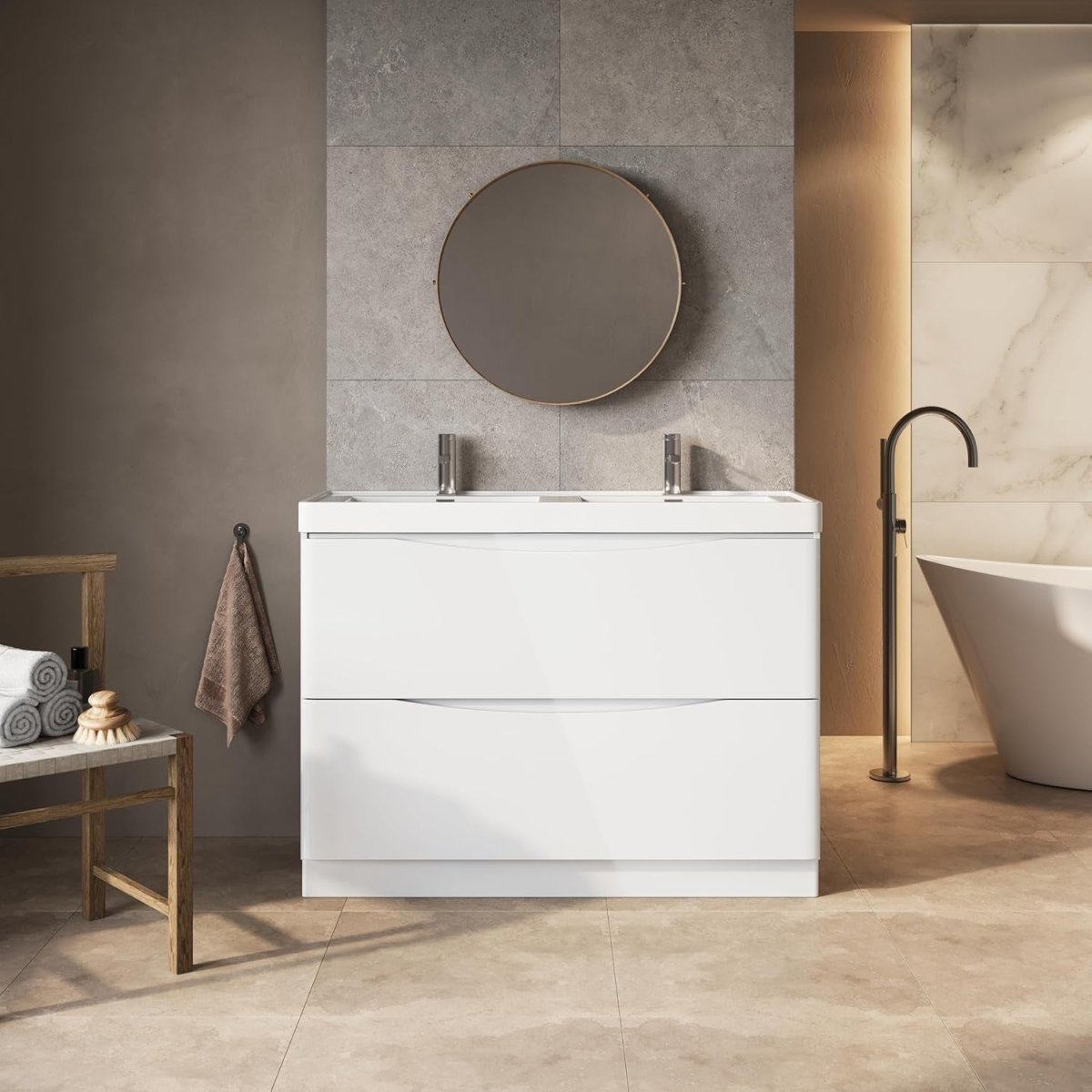 1200mm Floor Standing Vanity Unit White Gloss Double Resin Basin Bathroom Cabine - Kwikley