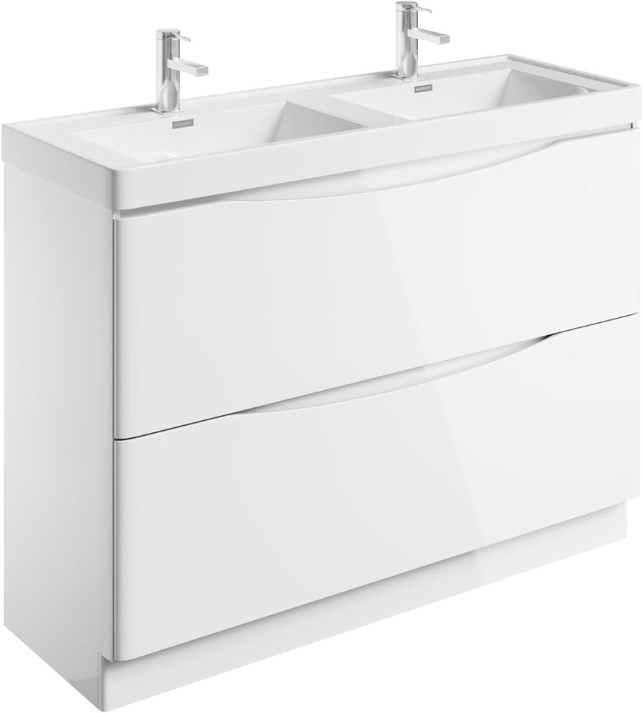 1200mm Floor Standing Vanity Unit White Gloss Double Resin Basin Bathroom Cabine - Kwikley