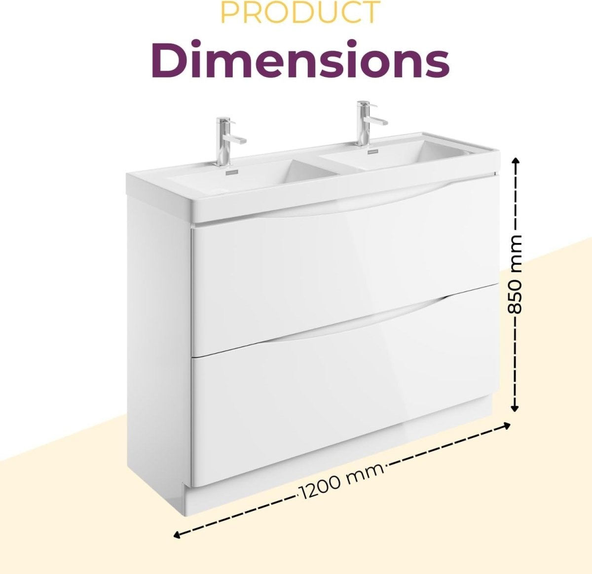 1200mm Floor Standing Vanity Unit White Gloss Double Resin Basin Bathroom Cabine - Kwikley