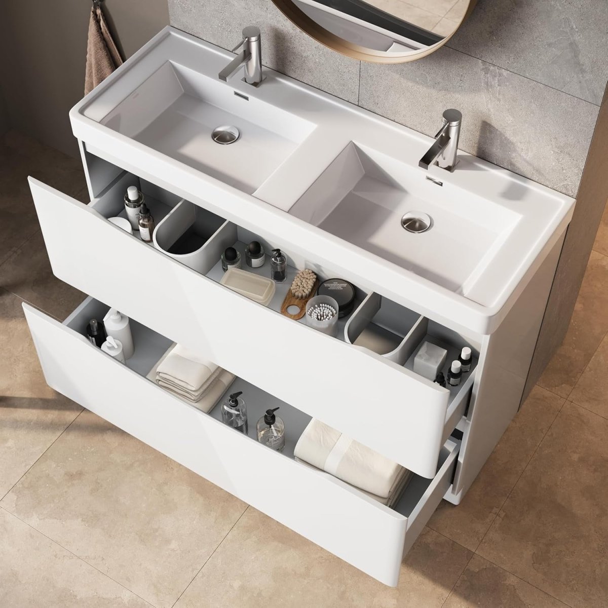 1200mm Floor Standing Vanity Unit White Gloss Double Resin Basin Bathroom Cabine - Kwikley