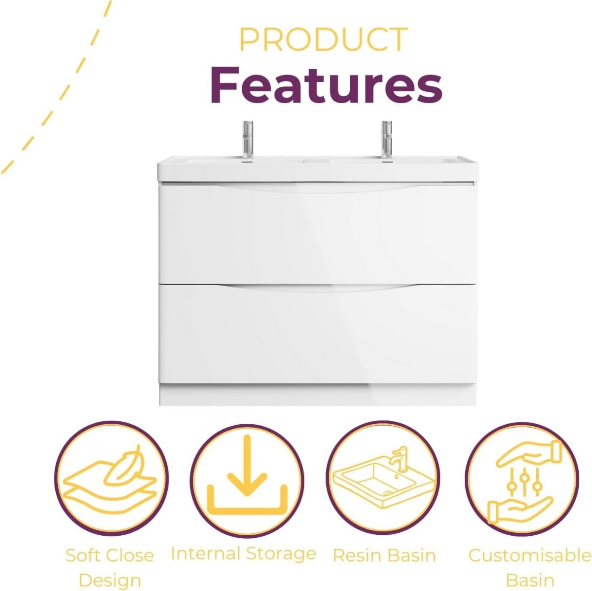 1200mm Floor Standing Vanity Unit White Gloss Double Resin Basin Bathroom Cabine - Kwikley