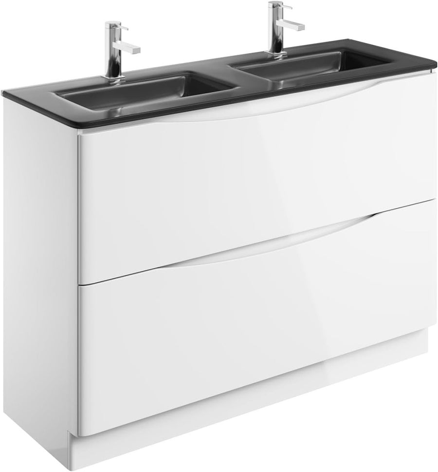 1200mm Floor Standing Vanity Unit White Gloss with Grey Double Glass Basin - Kwikley