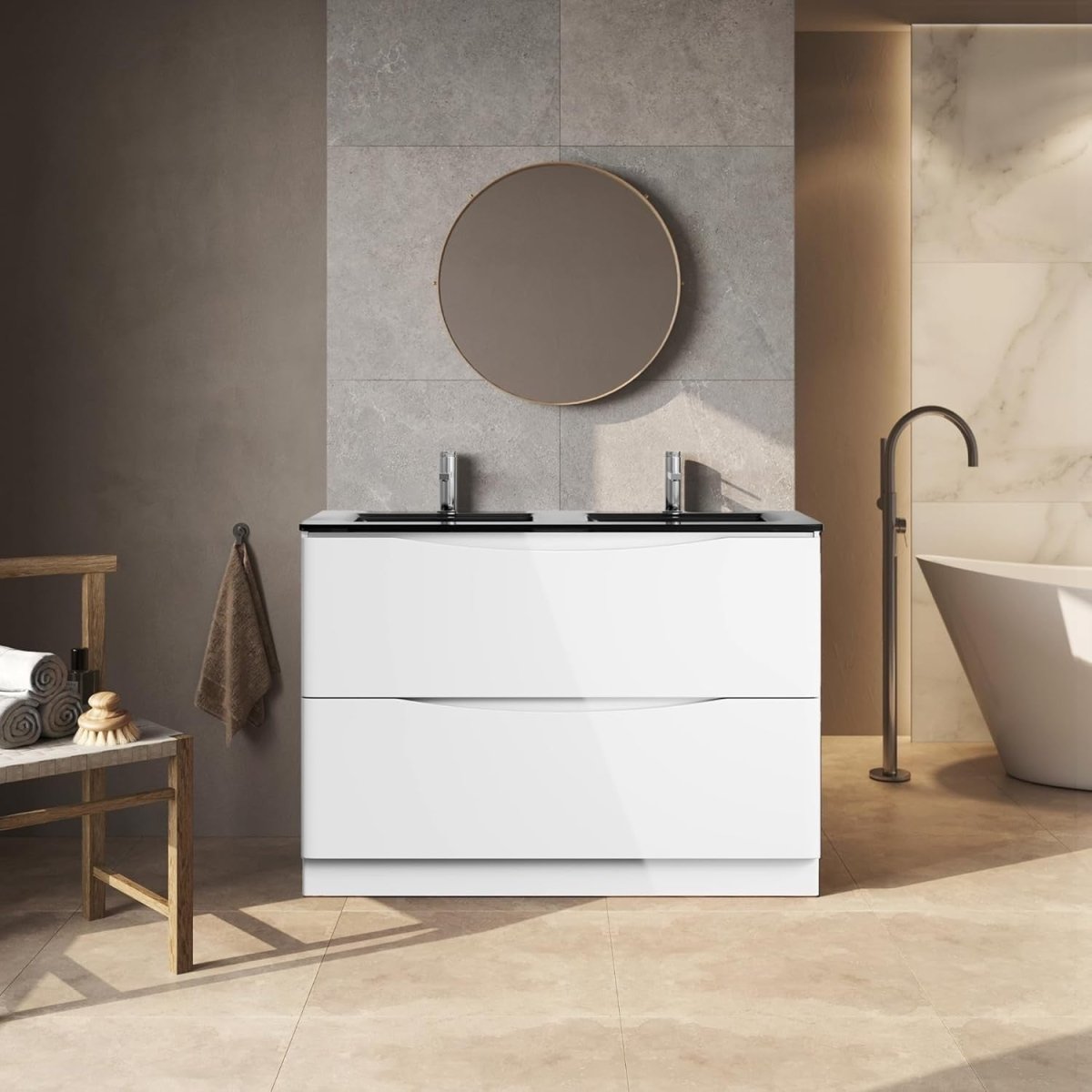 1200mm Floor Standing Vanity Unit White Gloss with Grey Double Glass Basin - Kwikley