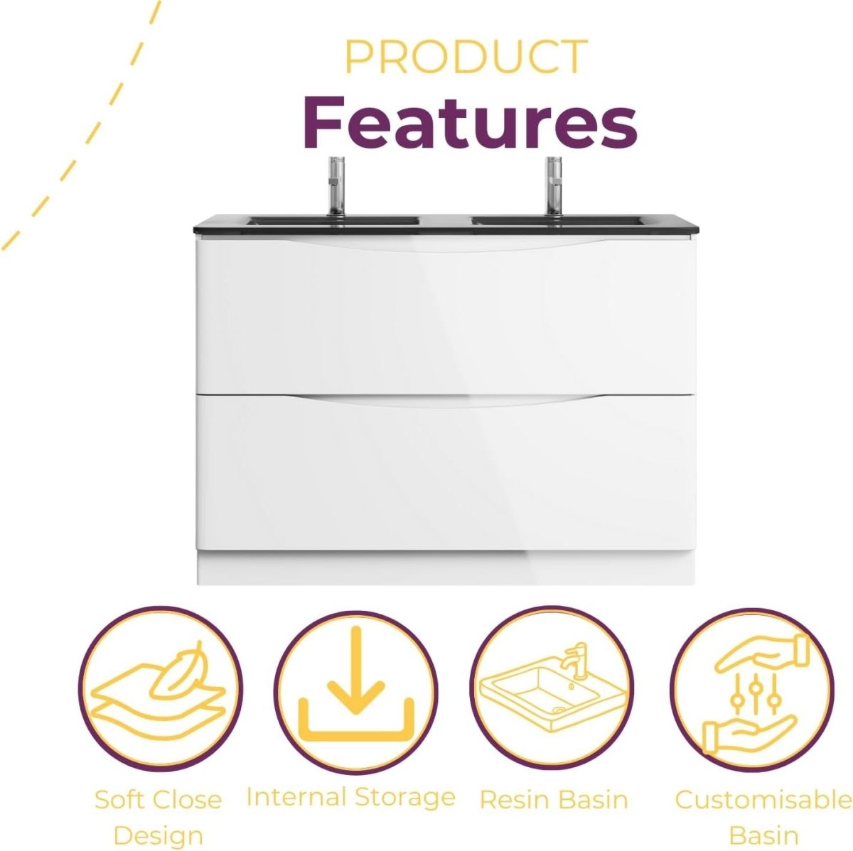 1200mm Floor Standing Vanity Unit White Gloss with Grey Double Glass Basin - Kwikley