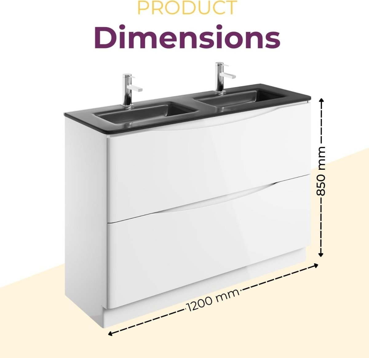 1200mm Floor Standing Vanity Unit White Gloss with Grey Double Glass Basin - Kwikley