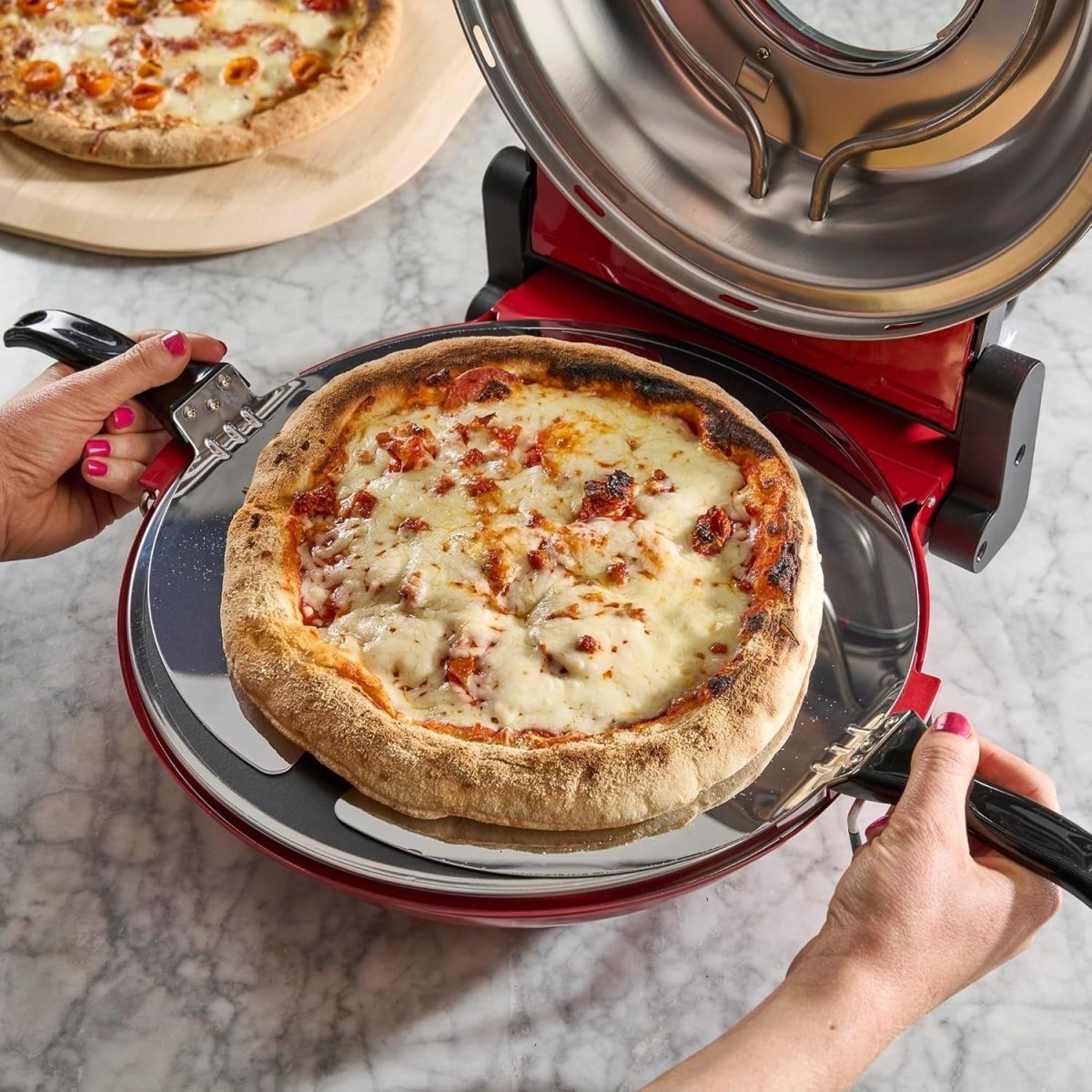 1200W Electric Pizza Oven 31cm Stone Glass Timer Cutter Board Red - Kwikley