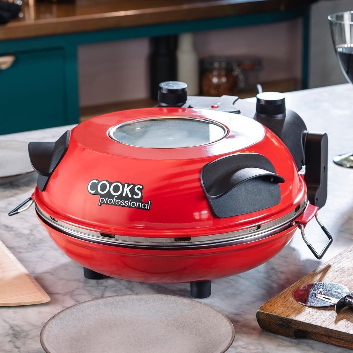 1200W Electric Pizza Oven 31cm Stone Glass Timer Cutter Board Red - Kwikley