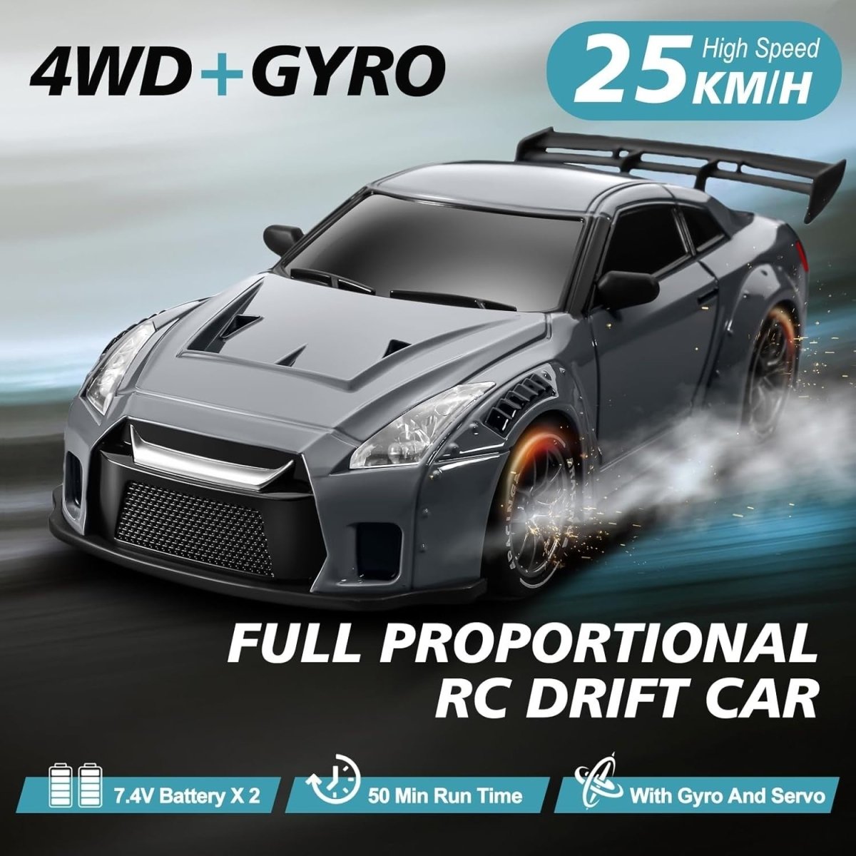 1:24 4WD RC Drift Car 25KM/H Gyro Lights 2 Batteries + Extra Tires - Kwikley