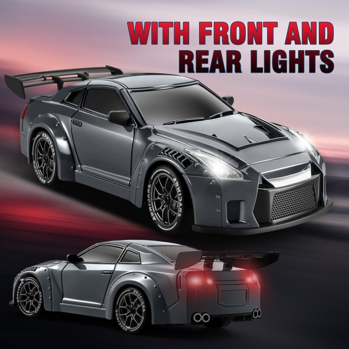 1:24 4WD RC Drift Car 25KM/H Gyro Lights 2 Batteries + Extra Tires - Kwikley