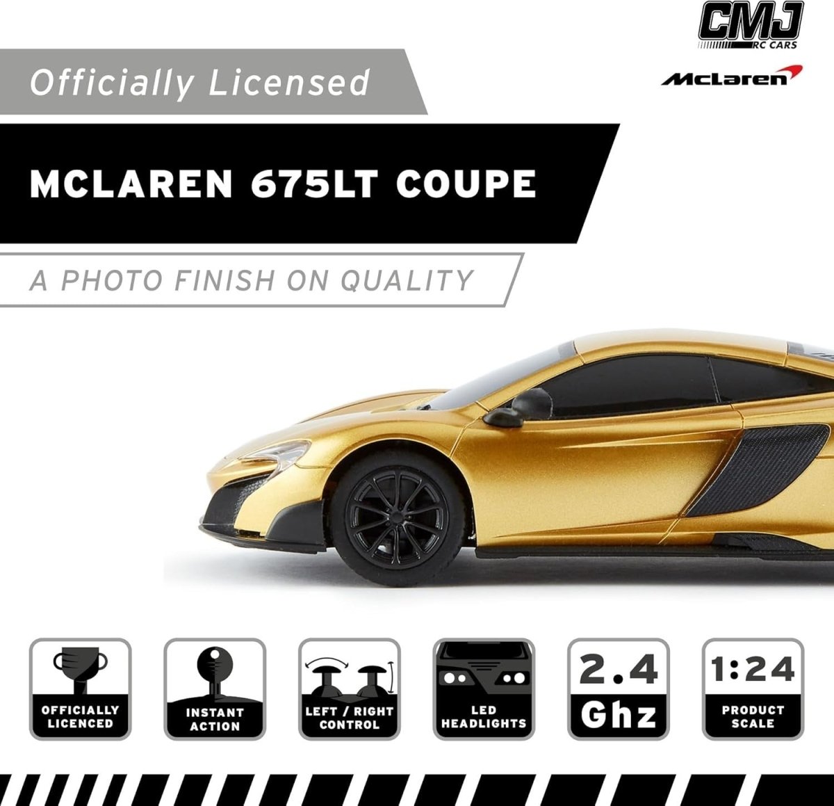 1:24 Gold Sports Car RC Toy, Fast Remote Control Car with Lights 2.4GHz - Kwikley
