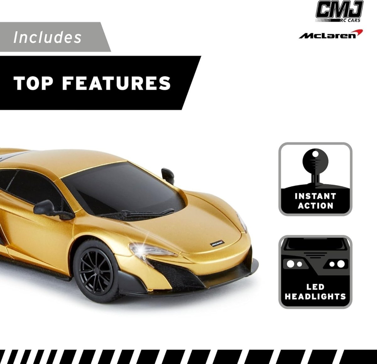 1:24 Gold Sports Car RC Toy, Fast Remote Control Car with Lights 2.4GHz - Kwikley