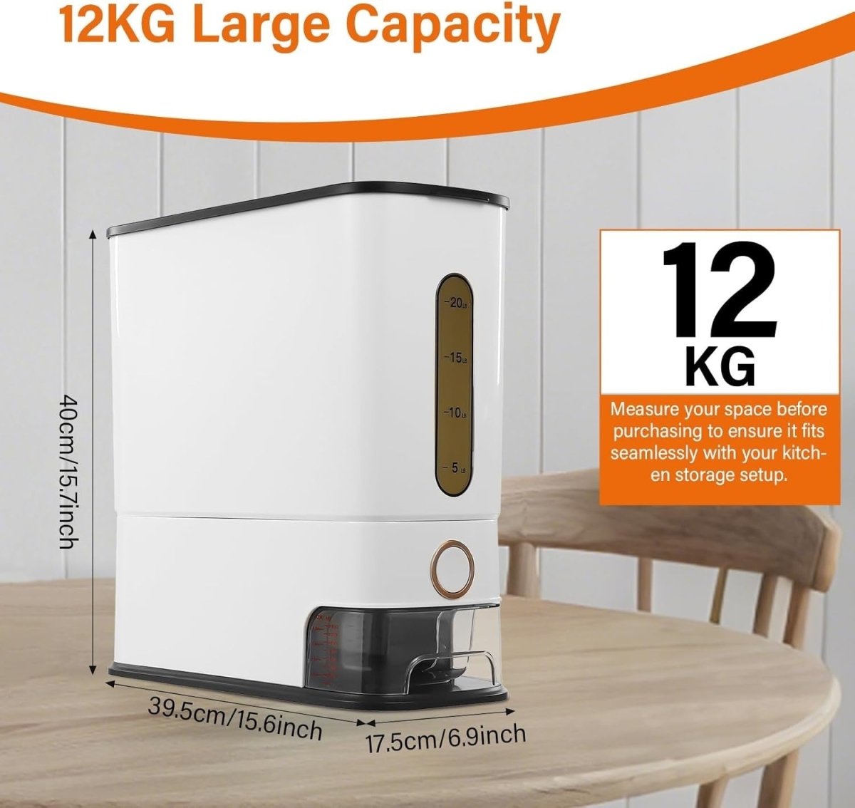 12kg Airtight Rice Dispenser w Measuring Cup & Scale - Kwikley