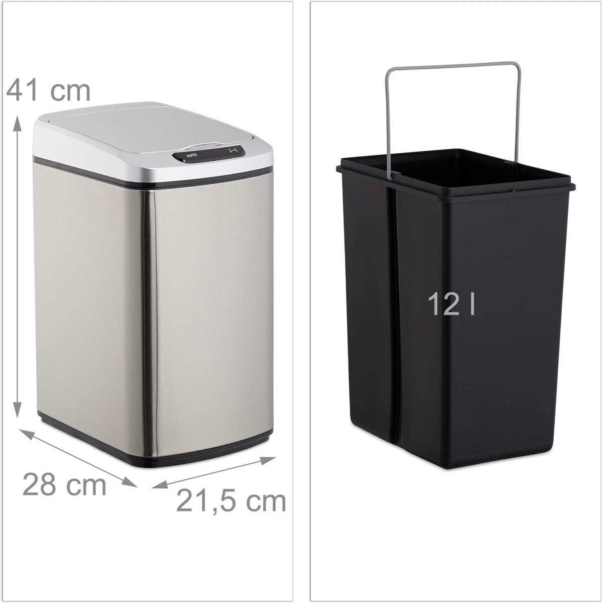 12L Motion Sensor Kitchen Bin Silver Square Steel Bathroom - Kwikley