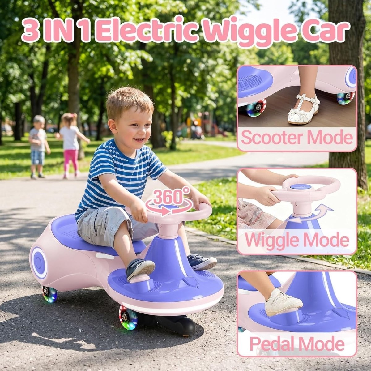 12V Electric Wiggle Car Kids Ride On Scooter LED Wheels 70kg 3 In 1 - Kwikley
