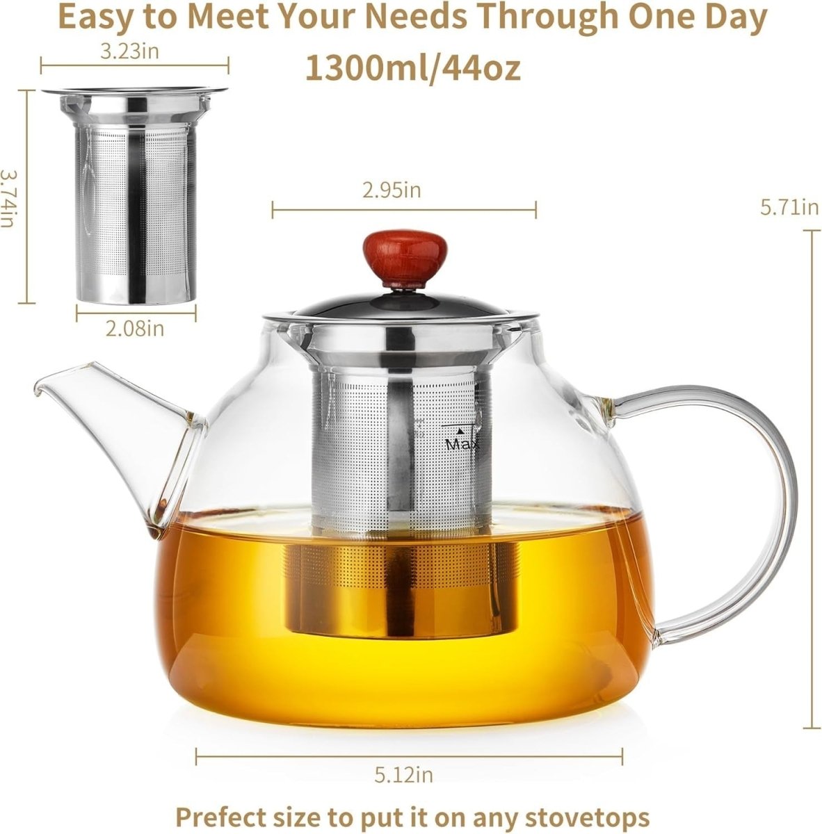 1300ml Glass Teapot with Infuser Stovetop Safe Loose Leaf Tea Pot - Kwikley