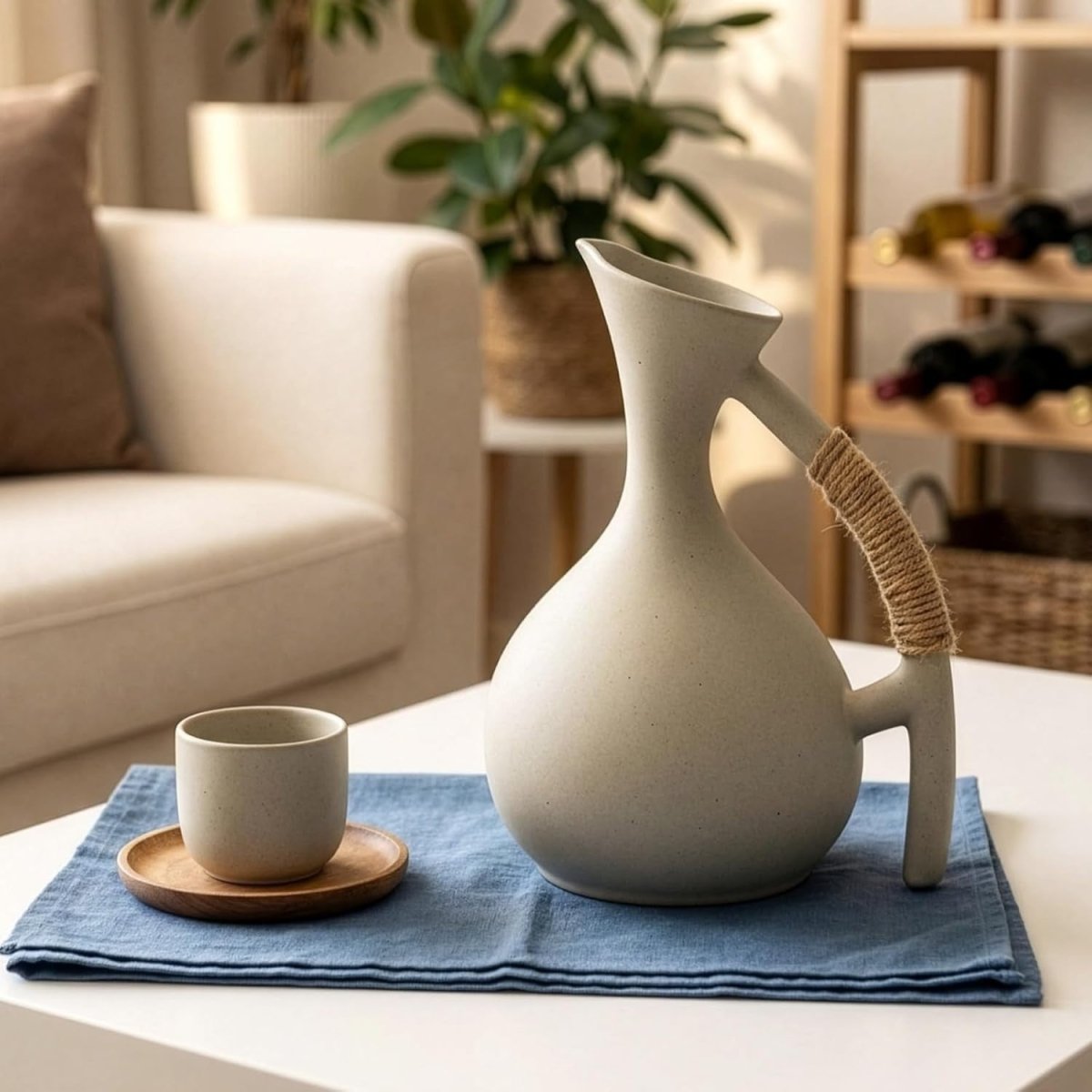 1300ml Rustic Ceramic Water Jug Rope Handle Cork Stopper Tea Pot - Kwikley