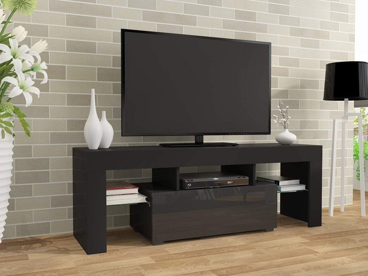 130cm LED TV Stand Unit RGB Lights Glass Storage Black Media Console - Kwikley
