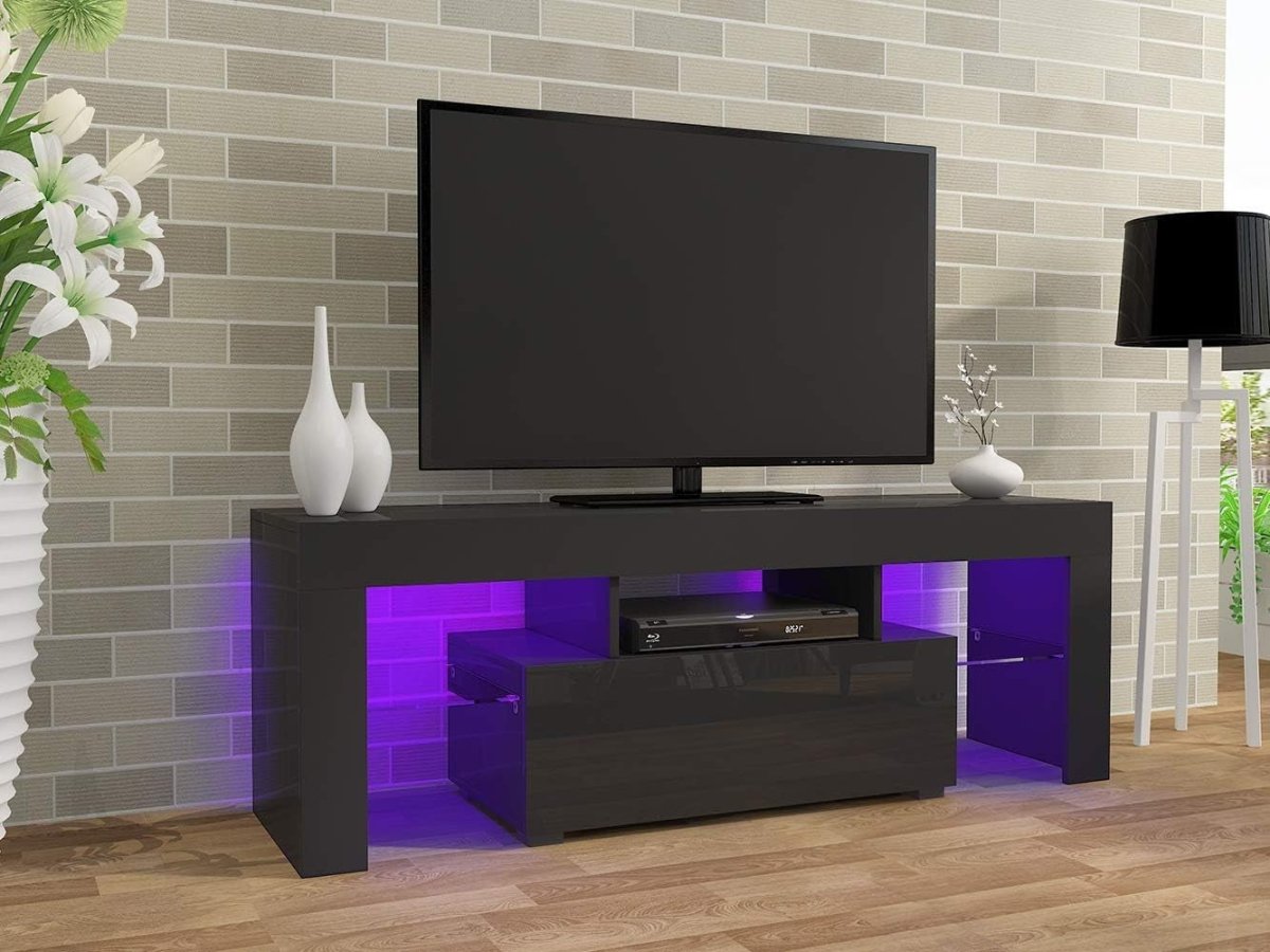 130cm LED TV Stand Unit RGB Lights Glass Storage Black Media Console - Kwikley