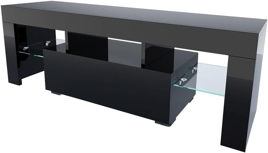 130cm LED TV Stand Unit RGB Lights Glass Storage Black Media Console - Kwikley