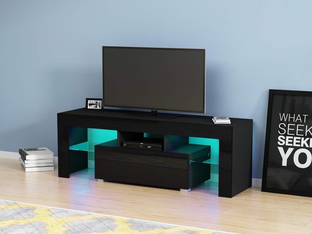 130cm LED TV Stand Unit RGB Lights Glass Storage Black Media Console - Kwikley
